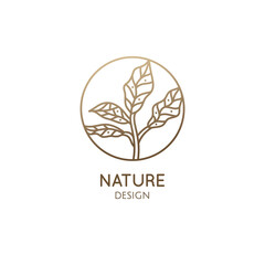 Tropical plant logo. Round emblem leafs in linear style. Icon of fresh green tea. Vector abstract badge for design of natural products, flower shop, cosmetics, ecology concepts, health, spa Center
