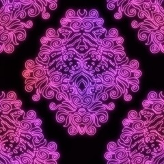 Neon light on black damask seamless repeat pattern. High quality illustration. Funky nightlife retro revival design. Futuristic dramatic glow lighting. 