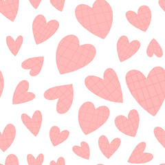 Fototapeta na wymiar Seamless pattern on isolated background with various pink tartan hearts. Cute design for textile and other print.