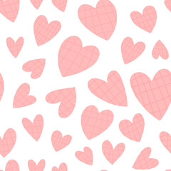 Seamless pattern on isolated background with various pink tartan hearts. Cute design for textile and other print.