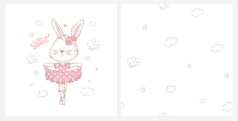 Seamless pattern white ballerina rabbit in red. Can be used for t-shirt print, kids wear fashion design, baby shower invitation card.