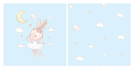 Seamless pattern with the white clouds and stars. Dancing rabbit in the background, moon and stars in the background. Can be used for baby t-shirt print, kids fashion design, baby shower card