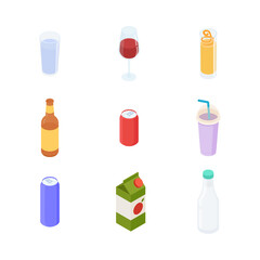 Drinks set. Isometric vector illustration in flat design.