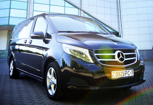 Belarus, Brest - June 03, 2019: Mercedes-Benz V-class, front view. Photographing a modern car in the parking lot in Brest.
