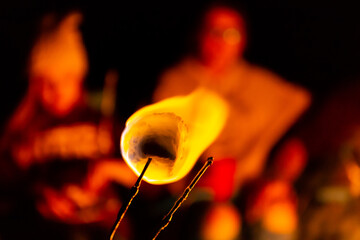 Roasting a marshmallow around a campfire to make s'mores