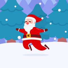 Christmas Santa Character Jump and Fly With Snow And Winter Forest Background Flat Design