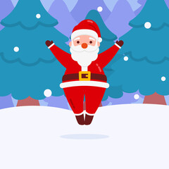 Christmas Santa Character Raised Up to Sky With Snow And Winter Forest Background Flat Design