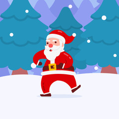 Christmas Santa Character Crazy Happy Dance With Snow And Winter Forest Background Flat Design