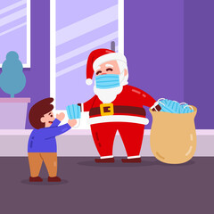 Christmas Santa Character Share mask to child With Background Flat Design
