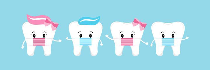 Cute tooth baby girl and boy with medical mask isolated on background. Flat design cartoon style personal hygiene character in face surgical mask vector illustration. Children teeth hygiene concept.
