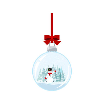 recommend clip art: Christmas ball with snowman isolated on white background. Hanging crystal snow ball bauble with snowman in black hat and spruces trees winter  lanscape. Vector flat cartoon style holiday illustration.