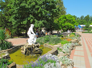 Goryachy Klyuch, Russia / August, 2020: Fountains in the "Healing Park", Goryachy Klyuch, Krasnodar territory