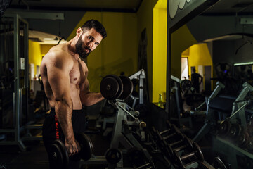 Fototapeta na wymiar Side view on muscular man strength training at dark gym - male caucasian athlete with beard muscle workout doing bicep with dumbbells - fitness and power concept copy space