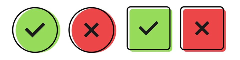 Tick and cross icons on white background. Green and red checkmark symbols. Correct and wrong symbol. Isolated yes and no sign. Approve or deny vector. Done and cancel icons in circle and square.