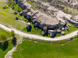 Aerial view to the byzantine ancient rocks in Phrygian valley or Frig vadisi in province of Eskisehir and Afyon in Turkey