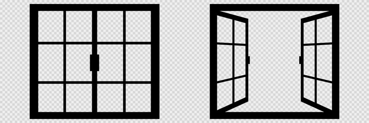 Closed and open window on transparent background. Isolated thin window in black color. Silhouette of empty rectangular border. Classic concept of interior. Vector illustration. EPS 10.