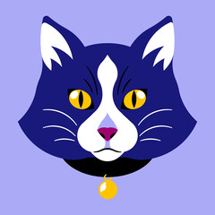 Blue cartoon cat with yellow eyes. Head of cat in flat style.