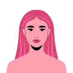 Beautiful girl with long pink hair.  Abstract female character. Concept of femininity, beauty, women's rights, personal care. Good for social media, mobile app, design.