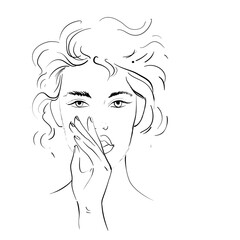 Sketch of woman making silent gesture Hand drawn line art Vector illustration isolated on white