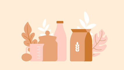 The Baking. Dishes, kitchen appliances and products: stand mixer, flour, milk, egg, measuring cup. Vector illustration in modern style.