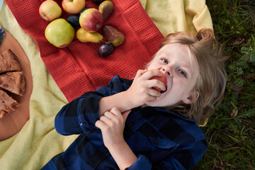 Fototapeta na wymiar Boy bites apple with an appetite