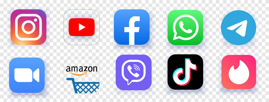 Social media icons: Facebook, YouTube, Tiktok, Zoom, Tinder, Whatsapp, Telegram, Viber, Amazon, Instagram. Vector
