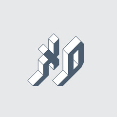 Isometric 3d font for design. XD - monogram or logotype. Volume alphabet. Three-dimension letters. X and D.