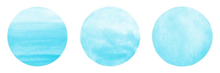 Sky blue watercolor circles with gradient stains set. Round watercolour backgrounds, uneven edge. Painted templates for cards, posters, banners design. Hand drawn aquarelle textures collection.  © Elena Panevkina