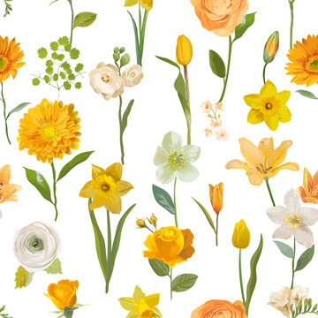 Summer yellow flowers watercolor pattern, seamless floral spring background. Vector trendy blossom texture
