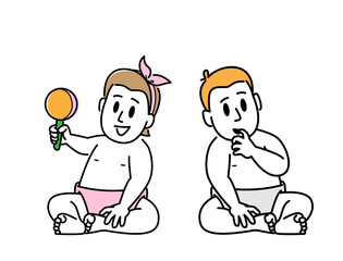 Newborn Baby Couple Little Boy or Girl in Diapers Sitting on Floor Isolated on White Background. Cute Children Toddlers