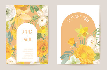 Wedding spring floral invitation, flowers card. Watercolor minimal template vector. Botanical Save the Date