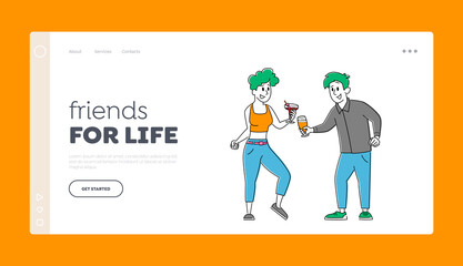 Obraz na płótnie Canvas Happy Young People Drink on Party Landing Page Template. Friends Joy, Cheerful Male and Female Corporate Employees