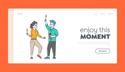 Young Man and Girl Celebrate Festive Event Landing Page Template. Happy Couple Characters Enjoying Burning Sparklers
