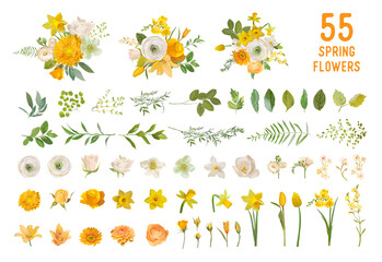 Spring garden flowers, yellow daffodil, mustard rose, white fresia, eucalyptus, greenery, fern