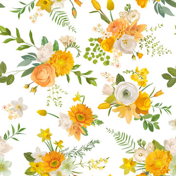 Spring flowers watercolor background, seamless floral summer pattern. Vector trendy blossom texture