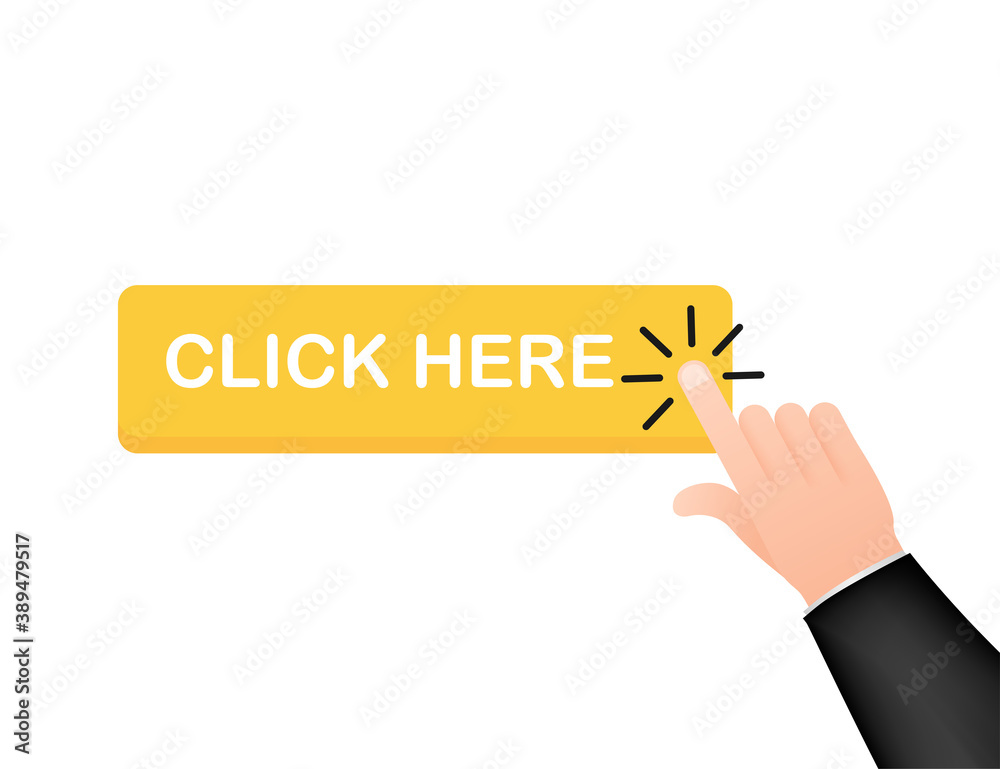 Poster click here button with hand pointer clicking. vector stock illustration.