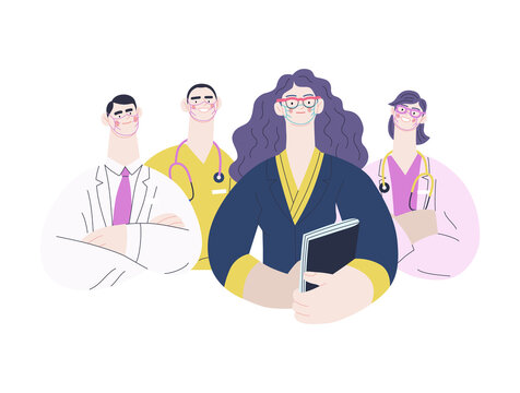 Medical Insurance Illustration -hospital Administrator -modern Flat Vector Concept Digital Illustration - A Female Hospital Administrator With A Team Of Doctors Concept, Medical Office Or Laboratory