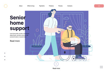 Fototapeta na wymiar Medical insurance - senior home support - modern flat vector concept digital illustration -a nurse rolling a wheel chair with a senior patient at his home. Home medical service, part of insurance plan