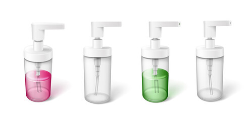 Set of plastic soap dispensers with liquid gel or sanitizer. Templates on while background