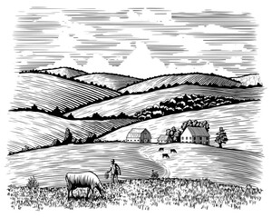 Woodcut illustration of a farmer and his cow with a barn in the background.