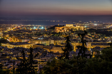 Fototapeta na wymiar Athens Panorama at night - acropolis and syntagma