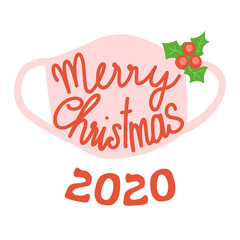 Fototapeta na wymiar Merry Christmas face mask greeting card template. Square format Christmas Holidays 2020 with protective face mask against Coronavirus. 