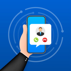 Incoming video call on laptop. Laptop with incoming call, man profile picture and accept decline buttons. Vector stock illustration.