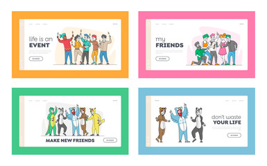 Obraz na płótnie Canvas Celebration and Pajama Party Concept for Landing Page Template Set. Cheerful Happy People in Funny Costumes Friendship