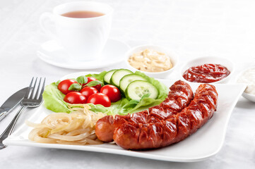 fried sausage with toppings - very rich breakfast