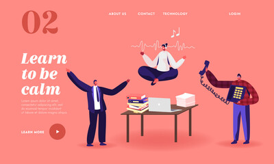 Calm Employee Break in Messy Office Landing Page Template. Female Character Meditating at Workplace. Yoga over Desk