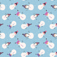 Christmas seamless patterns with flying snowmen in knitted hats