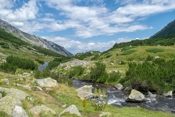 Hiking to Banderitsa lakes, view across the lakes of the Pirin Mountains in Bulgaria with Muratovo, Ribnoto, National Park Pirin