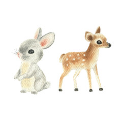 
Watercolor illustration of a hare and a deer. Winter animals. Clipart.