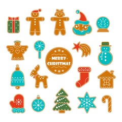 Christmas cookies colorful  collection with gingerbread with snowman, gift boxes and sock, gingerbread men, stars, bell, deer, mitten, snowball decorated of glaze. Vector flat illustration